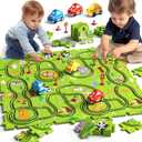 JUKUDAHU 64 Pieces Puzzle Race Track Car Set Toys for 3 4 5 6 Year Old Boys - Puzzle Tracks Car Toys for Kids Ages 3-5 with 3 Sliding Toy Cars, Animals-Themed, Birthday Gifts for Toddlers 1-3 2-4 4-6