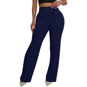 GOKATOSAU Women's Hight Waist Decorative Front Pocket Trousers Straight Wide Leg Long Flared Pants Navy (M)