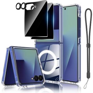 for Samsung Galaxy Z Flip 7 Case,with 2X Privacy Screen Protector + 1X Camera Lens Protector, [Anti Yellowing]Compatible with MagSafeShockproof Slim Magnetic Phone Case for Samsung Galaxy Z Flip7