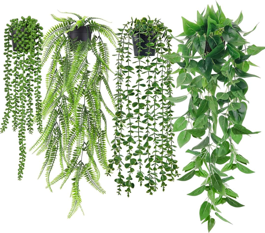 Der Rose 4Pcs Fake Plants Hanging Artificial Ivy Vine Faux Eucalyptus Hanging Plants, Boston Fern, String of Pearls for Living Room Aesthetic Bedroom Boho Kitche Wall Shelf Indoor Outdoor Decor (Black Pots-4pcs Green)
