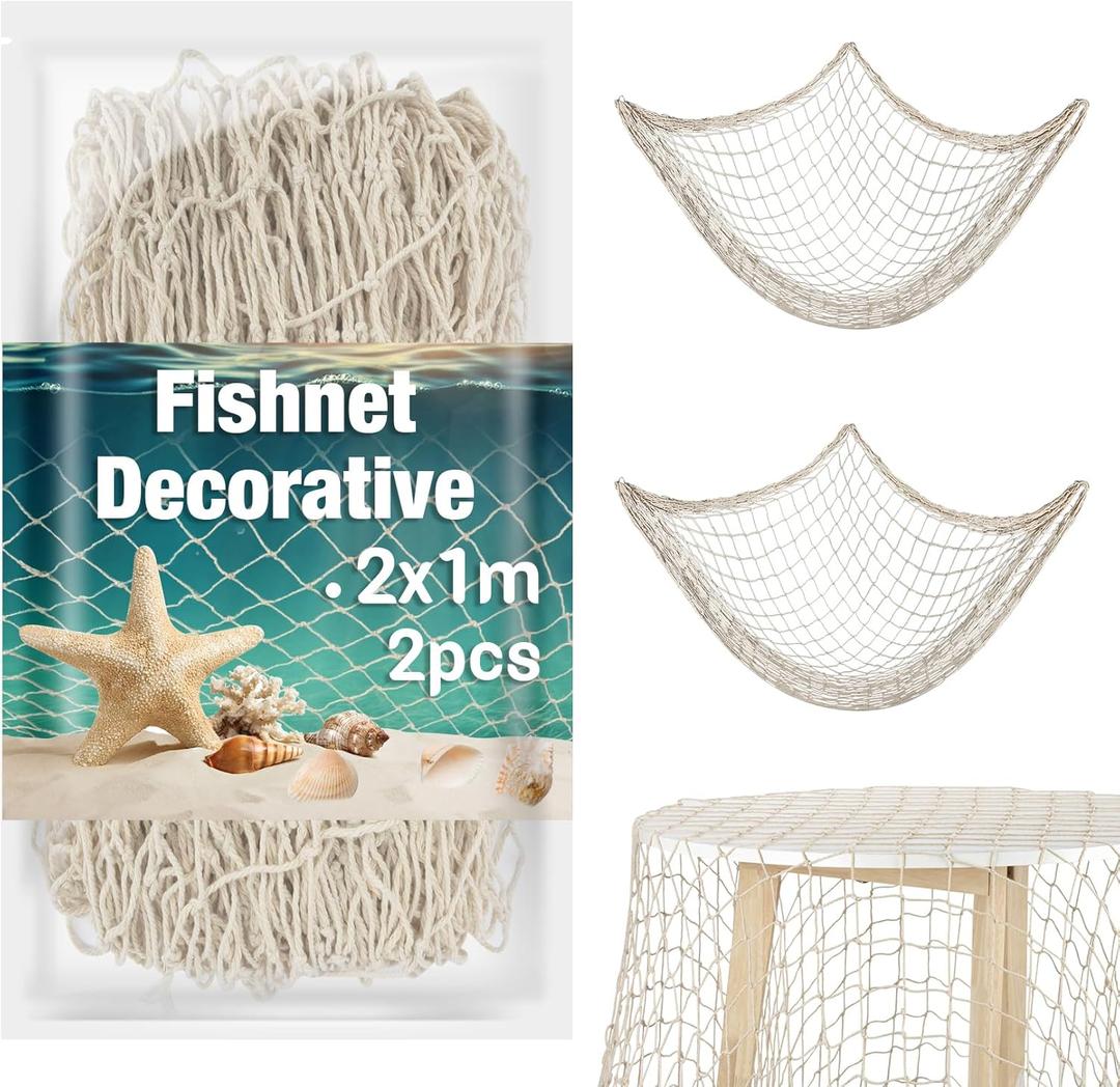 Sukh 2PCS Fish Net Decorative - Fish Net Decorations Decorative Netting Nautical Fishnet Table Runner Nets Netting Fishnet Ocean Party Rope Decoration