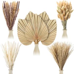 105 Pcs Boho Dried Pampas Grass Decor Bulk, Large Dried Palm Spears Bunny Tails Pampas Reed Grass Dried Palm Leaves Dried Flower Bouquet Boho Centerpieces for Wedding Home Tables Decor