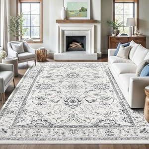 Madane 8x10 Area Rugs for Living Room, Vintage Washable Rug with Non-Slip Backing, Soft Floral Print Large Foldable Thin Floor Carpet for Bedroom Dining Room, Iron Gray/ Ivory