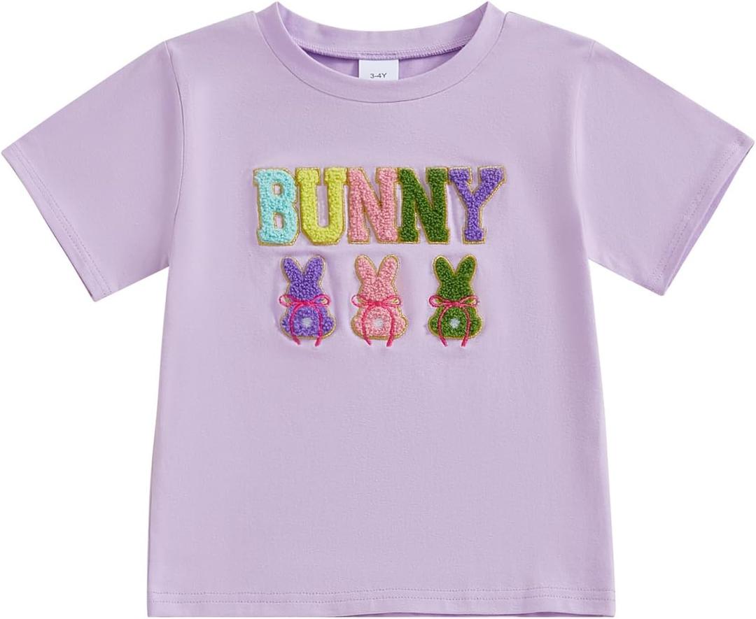 Toddler Baby Girl Boy Easter Clothes Bunny Shirt Short Sleeve Rabbit Embroidery Top Kids Easter Summer Outfit (Purple) 90