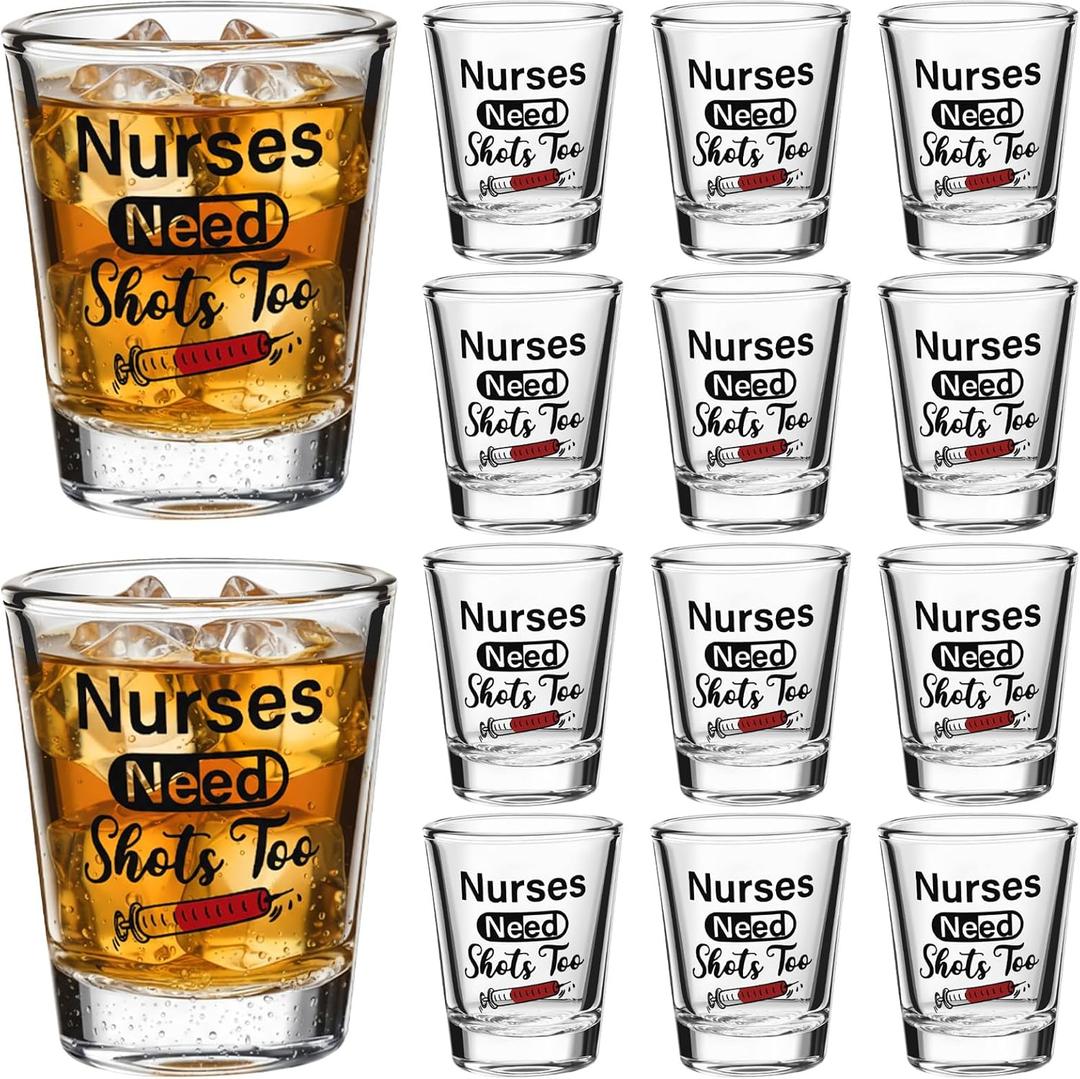 Patelai 12 Pcs Nurse Need Shots Too, Funny Glass Gift for Women and Male Mom Sister or Friend Present for Nursing Graduation Nurses Day Party 2 oz (2.36 x 1.97 Inch)
