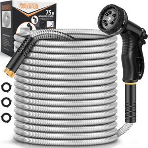Garden Hose Metal 75FT, Stainless Steel Heavy Duty Water Hose With 10 Function Nozzle, No-Kink, Tough & Flexible, Sturdy and Lightweight, Rust Proof hose for Yard, Outdoor, RV