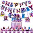 23 Pcs Anime Party Decorations, Cute Cartoon Happy Birthday Decorations, Includes 1 Birthday Banner, 6 Suspension Decor, 1 Cake Topper, and 15 Dessert Toppers.