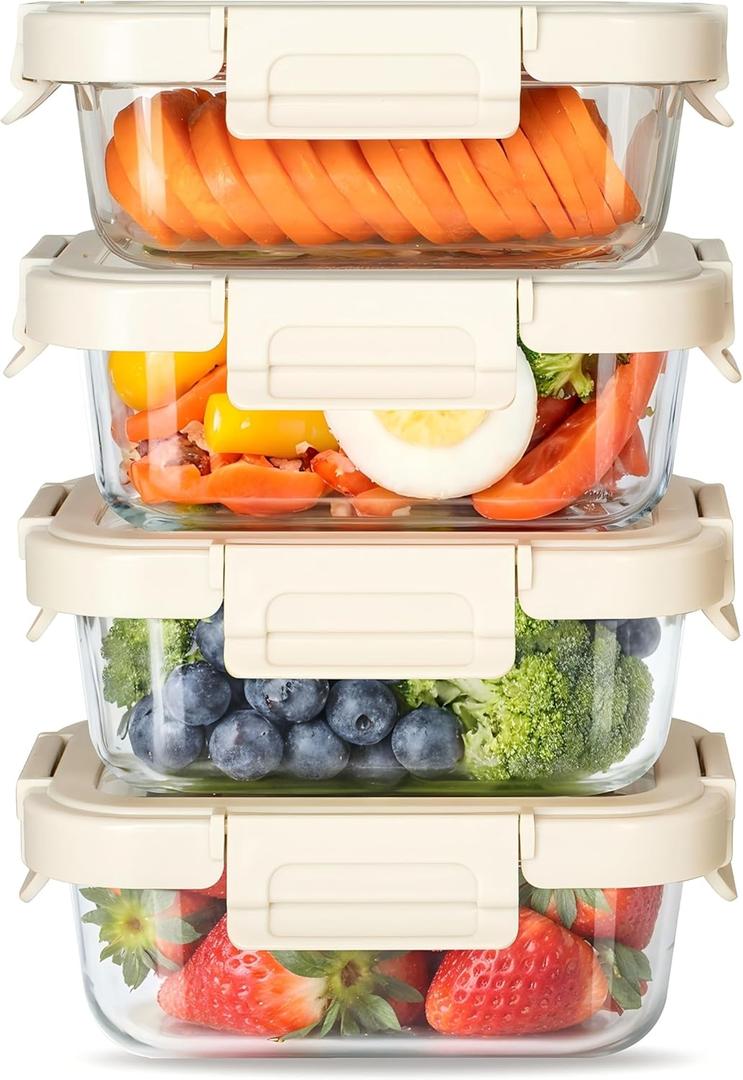 Simple Deluxe Meal Prep Food Containers with Exclusive Glass Lids, Glass Storage Containers with Lids, BPA-Free, Glass Lunch Boxes for Lunch, Pantry Organizers, Freezer to Oven Safe, 4 Pack (Set of 4 370ML Pro Containers)