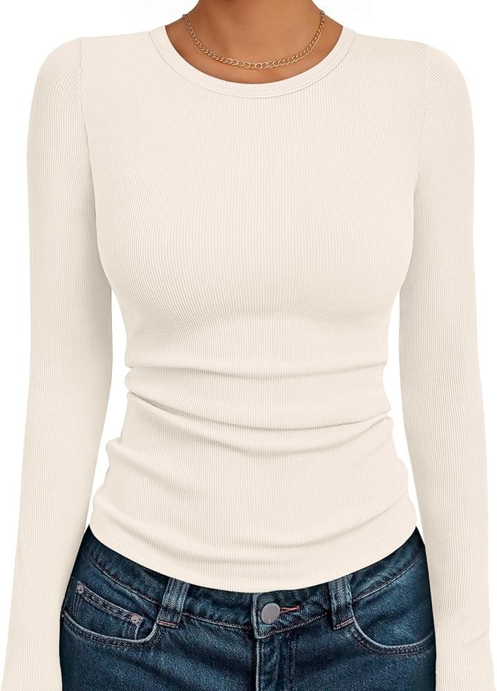 AUTOMET Women's Long Sleeve Blouses Shirts with Ribbed Knit Work Office Basic Tops Small, White 