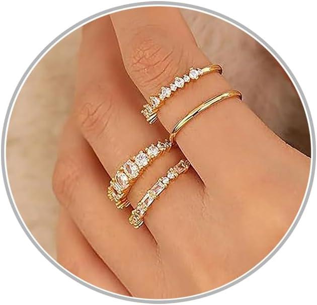 Gold Stackable Rings for Women Non Tarnish 14K Gold-plated Dainty Gold Ring Cubic Zirconia Engagement Ring Set Fashion Wedding Stacking Rings Prom Jewelry, Size 7