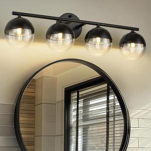 LMS 4-Light Modern Vanity Light for Bathroom, Matte Black Finish Industrial Bathroom Light Fixture Over Mirror, Wall Sconce Lighting with Clear Globe Glass Shade, LMS-186VL-BKC4