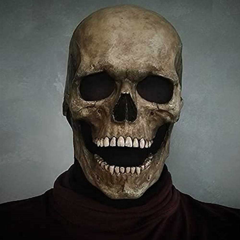 Halloween Skull Mask with Moving Jaw, Latex Human Skeleton Mask for Party Cosplay Props (Brown)
