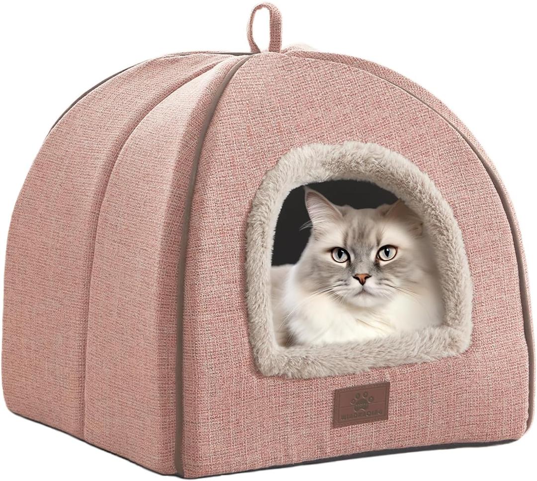 WINDRACING Cat Bed for Indoor Cats - Cat Cave Beds Cat House Cat Tent with Removable Washable Cushioned Pillow, Soft Kitten beds,Cat Beds & Furniture, for Small and Medium Pet Bed (M(15 x 15 x 15 Inch), Light Pink)