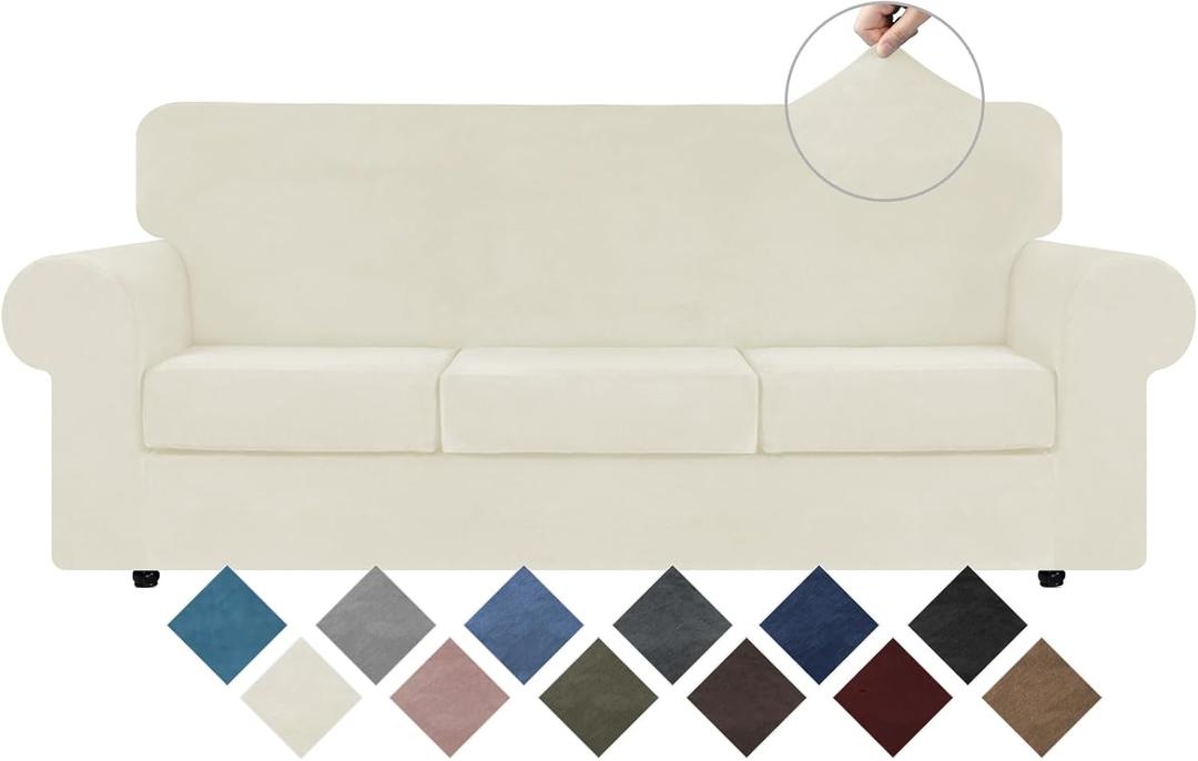 WEERRW 4 Pieces Velvet High Stretch Couch Covers for 3 Cushion Couch Sofa Slipcovers, Washable Furniture Protector with Non Slip Elastic Bottom, Feature Soft and Thick Plush Fabric, Ivory, Large