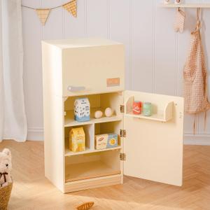 ROBOTIME Play Kitchen Toy Fridge - Wooden Toy Refrigerator with Accessories, Pretend Play Kitchen Set for Kids & Toddlers, Freezer with Play Food for Ages 3+ (Creamy Rustic Style), 4.33 x 16.9 x 25.7 inches