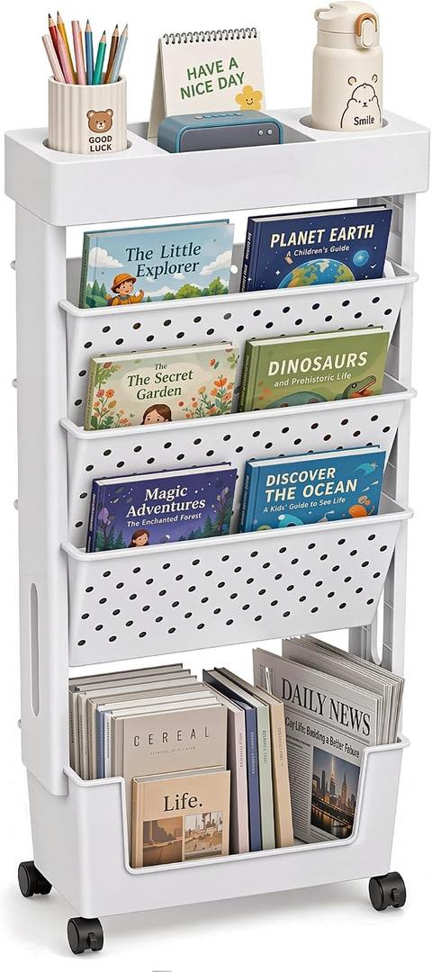 BYFU 5-Tier Movable Bookshelf Cart, Rolling File Paper Storage Organizer Mobile Bookcase with Wheels for Home Office Study Classroom, White