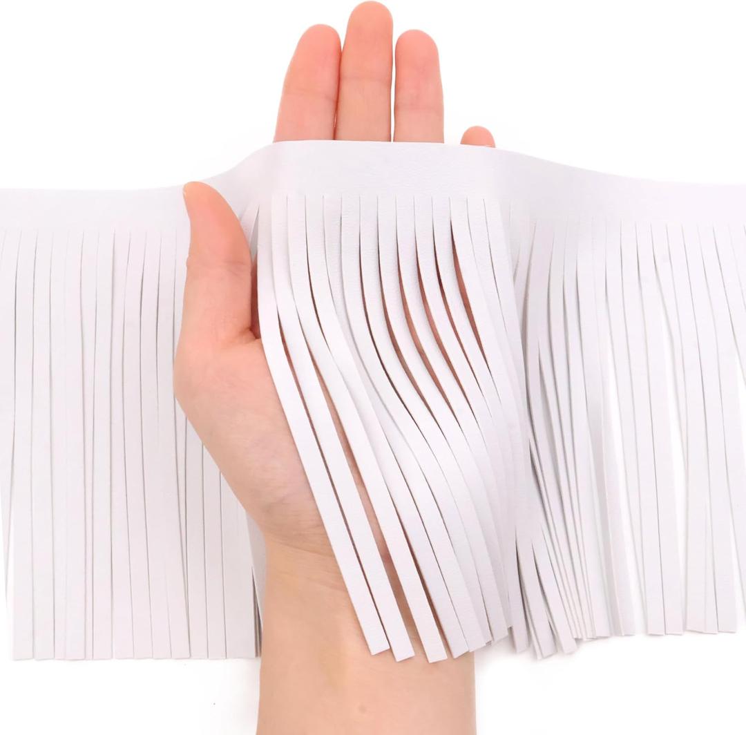White Fringe Trim 6 Inch  2 Yards PU Leather Tassel Fringe Trim for Clothing Handbag Boots, DIY Craft Embellishment
