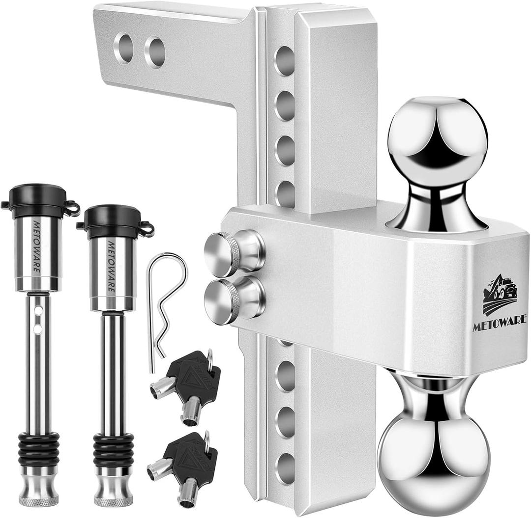 METOWARE Adjustable Trailer Hitch - Aluminum Tow Hitch Fits 2-Inch Receiver - Heavy Duty Drop Hitch with 8-Inch Drop/Rise for Truck (14,000 LBS GTW), Double Stainless Steel Locks & Hitch Pin