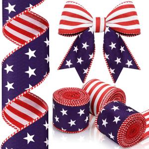 XunYee 3 Rolls 4th of July Patriotic Ribbons Red White Blue American Flag Double Sided Star Striped Wired Ribbon for Independence Day 250th Anniversary Christmas Bow DIY Crafts 2.5 x 15 Yards