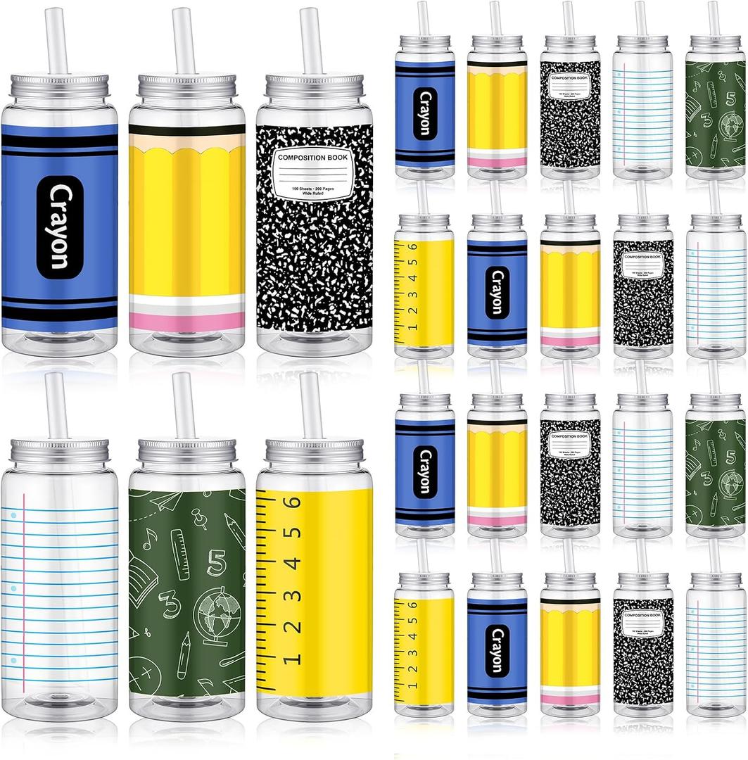 Meanplan 24 Sets End of Year Gifts Back to School Plastic Cups with Lids and Straws Bulk 14 oz Reusable Crayon Composition Book Notebook Tumbler for Preschool Kindergarten First Day of School Party
