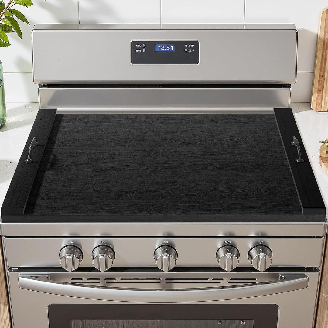 Gas Stove Top Cover: Wooden 30 * 22 Inches Electric Stovetop Covers, Noodle Board with Handles, Wood RV Cutting Board for Kitchen Counter (Black)
