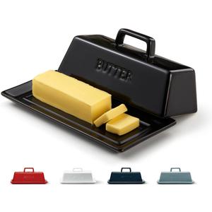 Butter Dish with Lid for Countertop, by Kook, Ceramic Dish Tray with Cover, Kitchen Keeper, Container, Holder, Holds 1 Stick, Microwave and Dishwasher Safe, Black