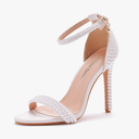 Crystal Queen Full Pearls Heels Sandals Stiletto Heels Peep Toe High Heel Sandals Pump Shoes For Bride Wedding Party Evening, Size 8.5