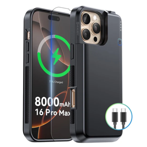 NEWDERY 8000 mAh Battery Case for iPhone 16 max  Qi Wireless Charging & Wired Headset & Sync-Data Supported, Portable Protective Charger Cover