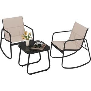 DWVO Brown 3-Piece Patio Bistro Set, Outdoor Textilene Furniture with 2 Rocking Chairs and Coffee Table for Backyard Lawn Garden Balcony Poolside
