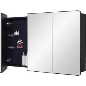 IDYLLOR Black Bathroom Medicine Cabinet with Round Corner Framed Door, 40 x 25.5 inch, Recessed or Surface Mount, with Adjustable Glass Shelves