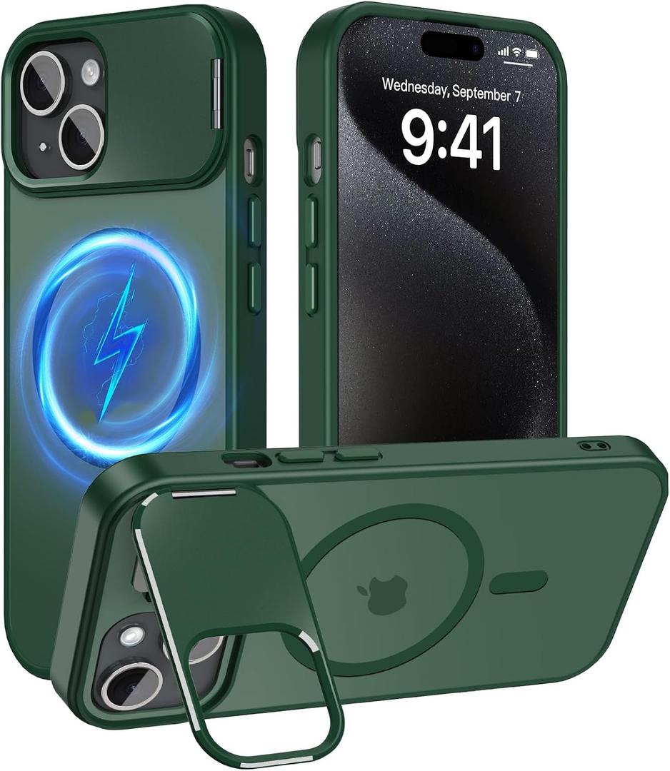Innaght Magnetic for iPhone 15 Case with Stand,Compatible with MagSafe,Rugged,Heavy Duty,Protective case Kickstand,[Built-in Invisible Stand],Green