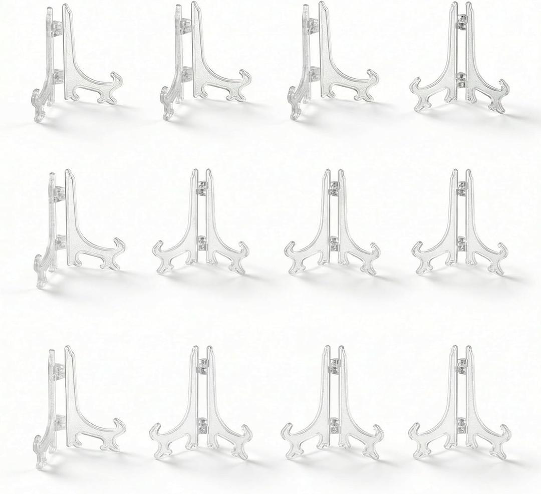 Artliving 3 Inch Clear Plastic Easels or Stand/Plate Holders to Display Pictures or Other Items at Weddings, Home Decoration, Birthdays, Tables (12 Pack)