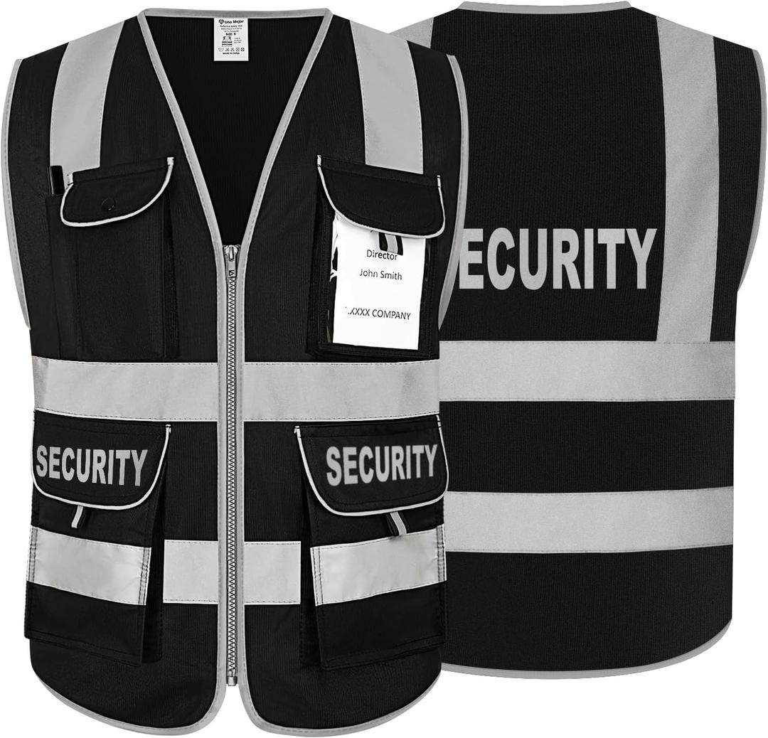 Security Vest for Security Guard 9 Pockets High Visibility Reflective Safety Vest for Men Women, Work Vest with Reflective Strips, Meets ANSI, UG100S-Black X-Large
