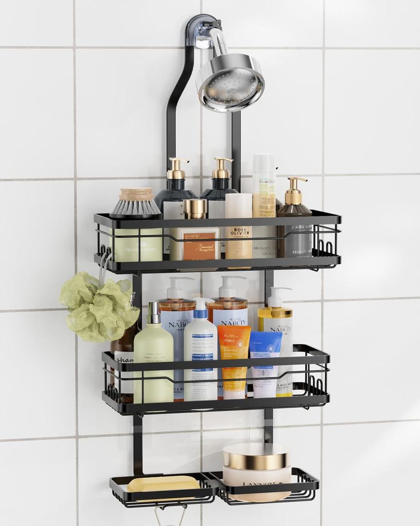 OMAIRA Shower Caddy Hanging with Soap Scrub Holder, Shower Organizer Inside Shelves Bathroom Storage Rack, Black