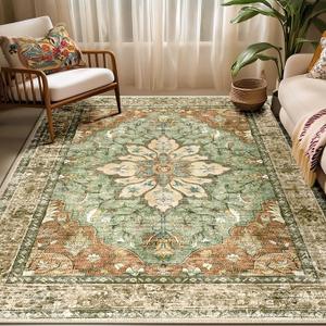 RELEANY Washable Area Rug, 5'x7', Brick/Brown/Green | Non-Slip, Water Repellent, Pet Friendly, Easy to Clean, Vintage Floral Boho Decor for Living Room Bedroom Dining Room Office