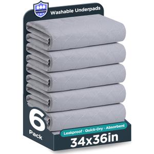 Washable Bed Pads 34" x 36" - 6 Pack, Grey, Waterproof Bed Pads for Incontinence, Bed Wetting Pads for Bed, Sofa, Floor, Resuable Underpads for Adults, Seniors, Pet (Gray)