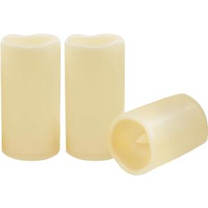 CANDLE CHOICE 3 Waterproof Outdoor Battery Operated Flameless LED Pillar Candle with Timer Flickering Plastic Resin Electric Decorative Light for Lantern Patio Garden Home Decor Party Wedding (3"x6" 3 Pack, Ivory)