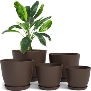Utopia Home - Plant Pots Indoor with Drainage - 7/6.6/6/5.3/4.8 Inches Garden Flower Pots for Indoor Planter - 5 Pack Brown Plastic Planters - Ideal for Stocking Stuffers or Room, Office Home Decor