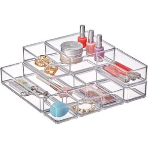 Amazing Abby - QuickSort - Plastic Stackable Organizers (10-Piece Set) for Vanity and Desk Drawer, Perfect Storage Solution for Beauty Products, Office Supplies, Decorative Items, and More