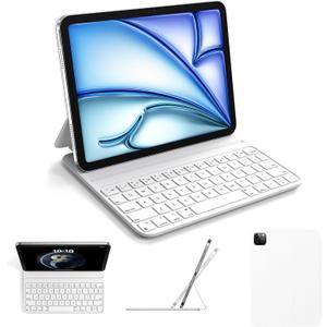 HOU Slim Bluetooth Keyboard Case for iPad Air 11 inch M2/M3, Air 5th/4th, Pro 11 (1st-4th Gen 2018-2022), Smart Folio, Magnetic Stand with 2 Angles, Magnetic Charging, Synthetic Leather, White