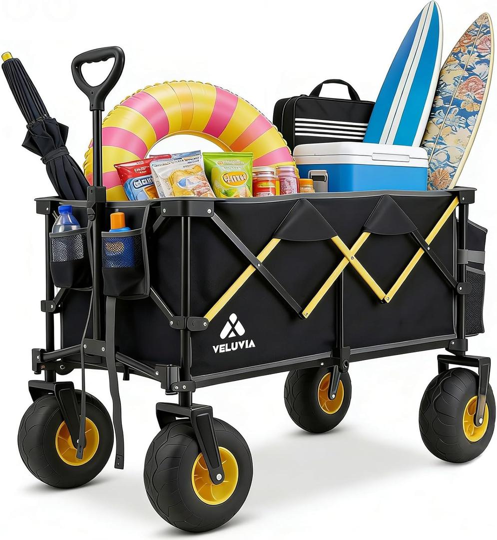 Beach Wagon with Big Wheels - 400LBS Heavy Duty Foldable All Terrain Cart with 9" Balloon Wheels for Sand - Collapsible Beach Dolly with Adjustable Handle & Cooler Bag for Outdoor Use, Black