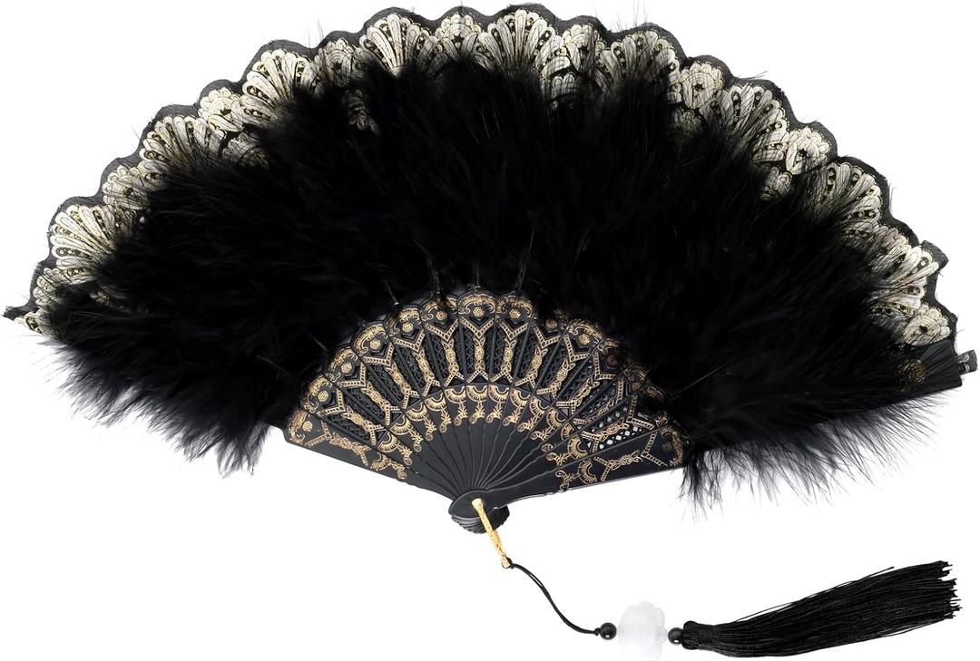Fumwase Foldable Feather Fan Embroidered Flower Handheld Chinese Folding Fans 1920s Feather Fan Flapper Hand Fan for Costume Party Wedding Dancing Decoration (Black)