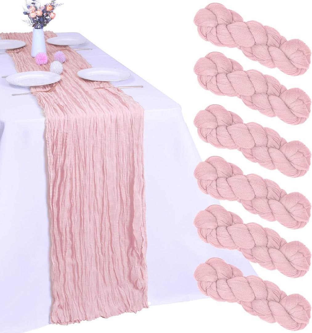 6 Pack Pink Cheesecloth Table Runner 10FT Boho Gauze Fabric Cheese Cloth Table Runner 35 x 120 Inch Rustic Sheer Fabric for Spring Wedding Decor Baby Shower Party Holiday