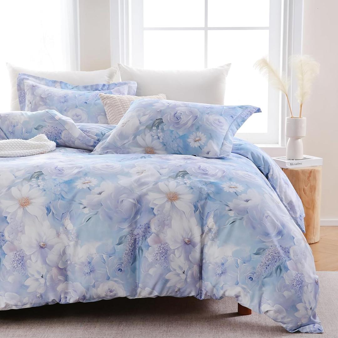 Floral 100% Cotton Duvet Cover King Size,Reversible Blue White Daisy Comforter Cover with Zipper Closure,Soft 3 Pieces Luxury Cotton Bedding Sets with 2 Pillow Shams (20"x36")
