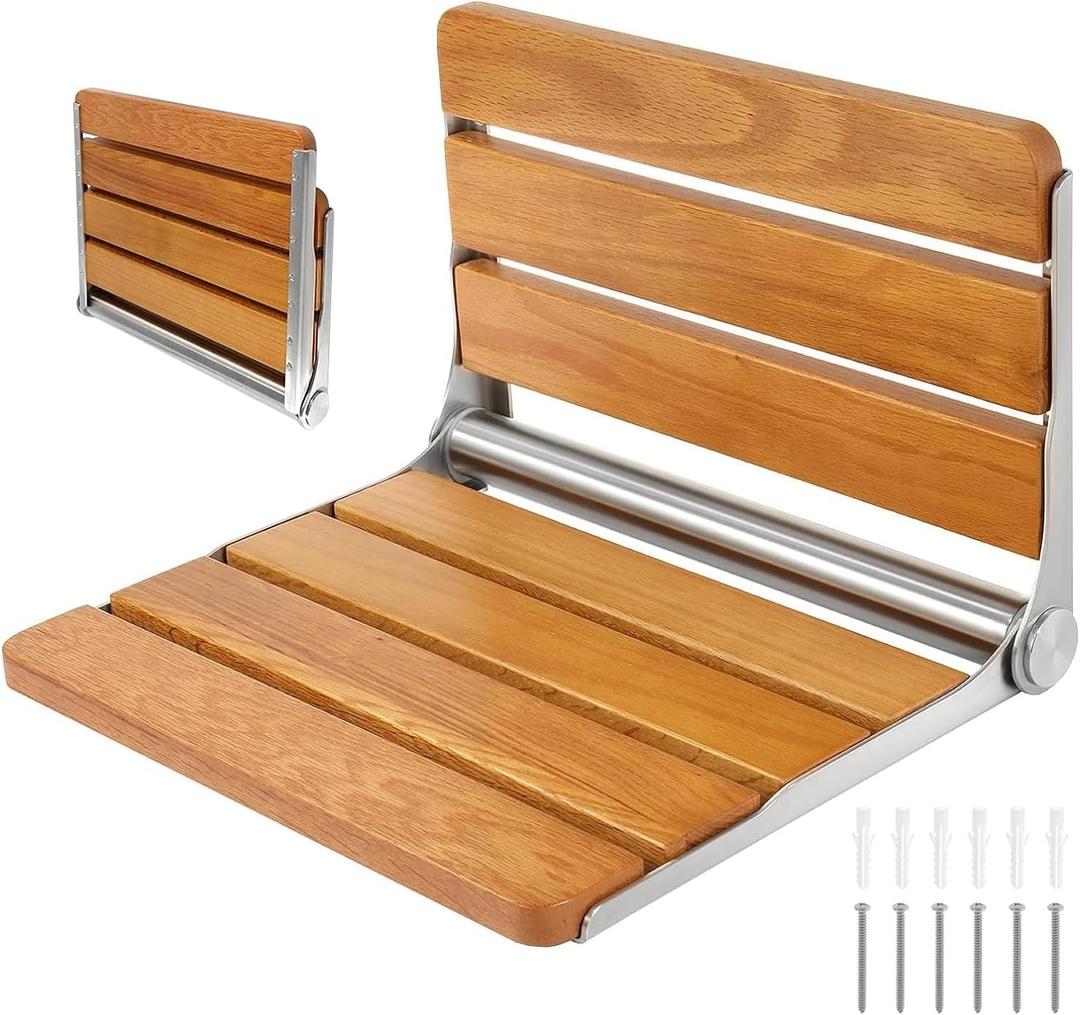 Folding Shower Seat Wall Mounted Shower Bench Teak Folding Shower Chair Wood Seat 316 Stainless Steel Frame Fold Down Shower Seat 600 lbs,1 Pack