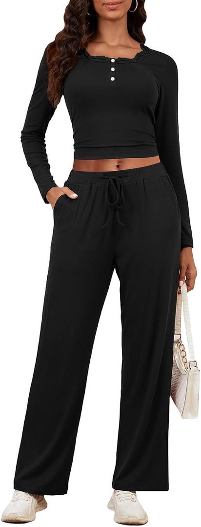 Two Piece Sets for Women Long Sleeve Wide Leg Tracksuits 2 Piece Lounge Sets Winter Casual Sweatsuits Matching Sets (Black, S)