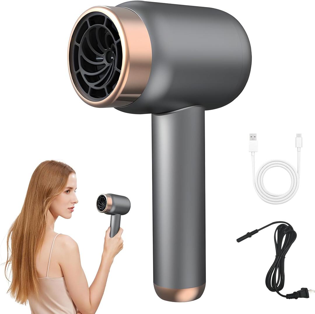 Cordless Hair Dryer for Women with Battery,Rechargeable Blow Dryer, 3 Speed Fast Drying Portable Hair Dryers,Portable Wireless Hair Dryer,Low Nois USB Rechargeable Blow Dryer for Travel(Gray)