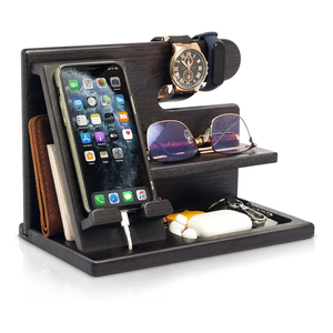 Wood Phone Docking Station for Men - Desktop or Nightstand Organizer - Birthday Gifts for Men, Dad - Anniversary Idea from Wife - Key Holder, Stand Wallet, Watch & Essentials (Black)