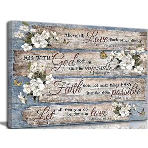 Inspirational Bible Verse Canvas Wall Art Christian Rustic Flowers Painting Picture Wall Decor Poster Print Artwork for Office Living Room Bathroom Bedroom Home Decoration (24"L x 16"W)