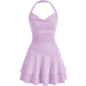 OYOANGLE Women's Sleeveless Halter Ruffle Short Dress Open Back Ruched A Line Holiday Party Dresses (Pink, S)